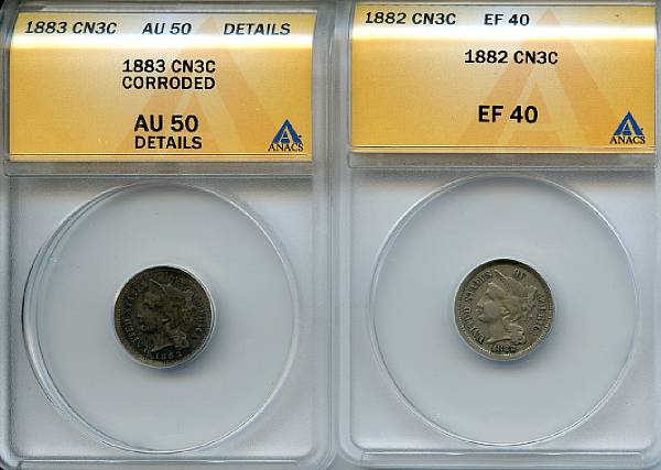 Appraisal: Three Cent Nickels CN C XF ANACS CN C AU