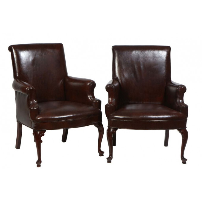 Appraisal: Pair of Carved Mahogany Brown Faux Leather Queen Anne Style