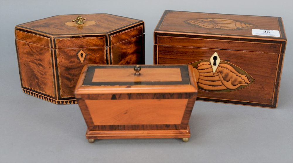 Appraisal: Three tea boxes one with conch shell inlay one diamond