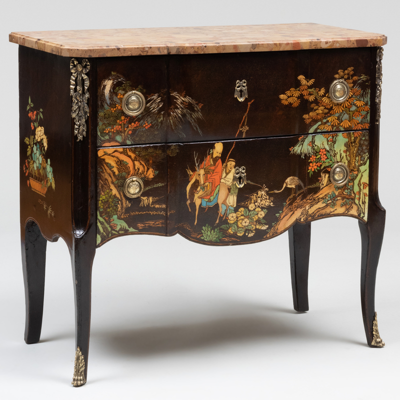 Appraisal: LOUIS XV XVI STYLE GILT-BRONZE-MOUNTED BLACK LACQUER COMMODE Fitted with