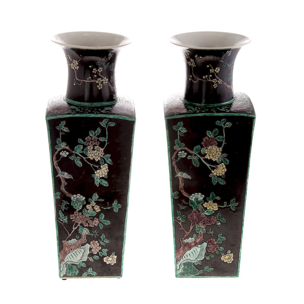 Appraisal: Pair Chinese Famille Noire Panel Vases Kang Xi style with