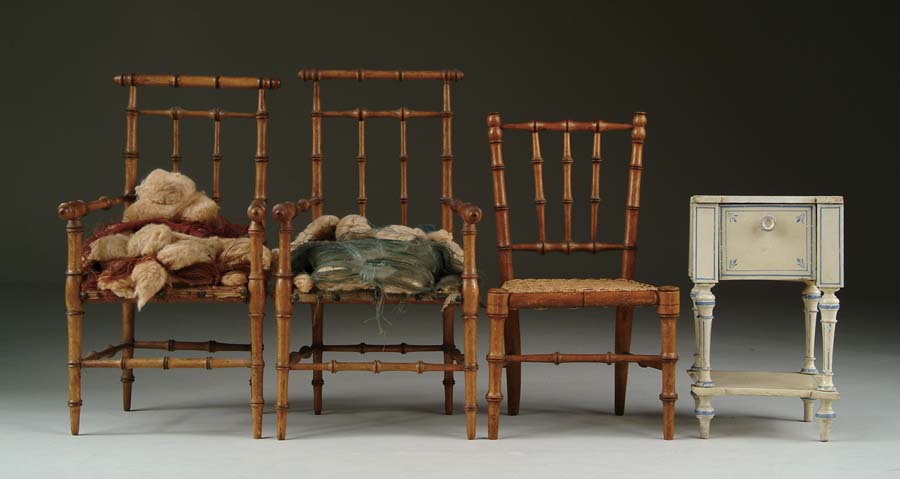 Appraisal: LOT OF THREE CHAIRS AND TWO-TIERED TABLE Two matching bamboo