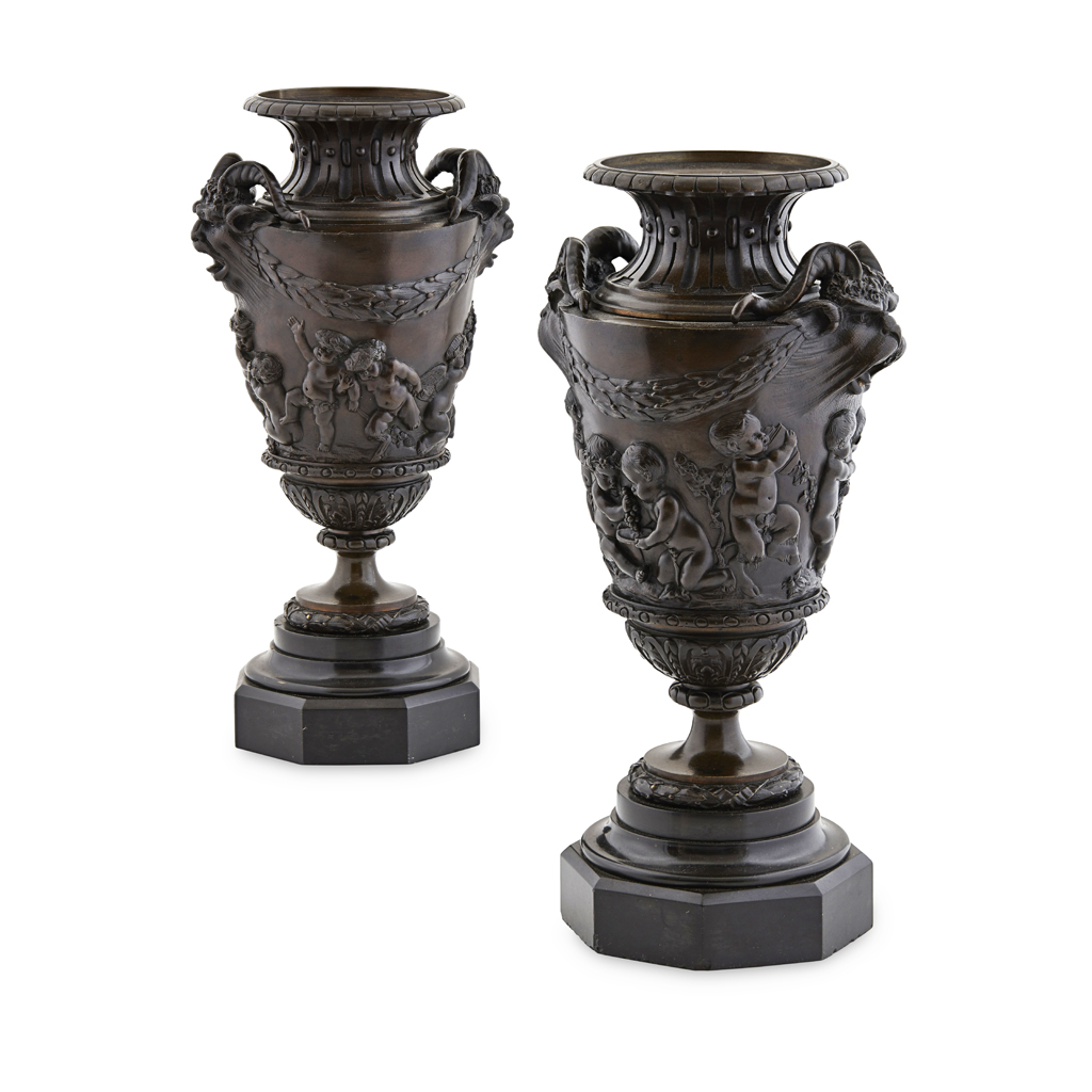 Appraisal: PAIR OF FRENCH PATINATED BRONZE URNS AFTER CLODION TH CENTURY