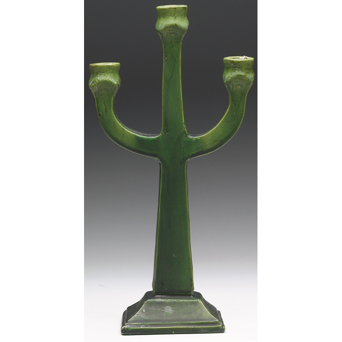 Appraisal: Art Pottery candelabra three-holder shape covered in a green matt