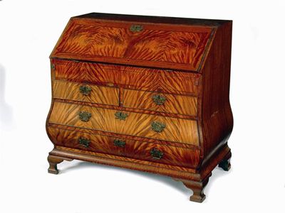 Appraisal: A Dutch satinwood veneered bombe bureau with inlaid stringing the