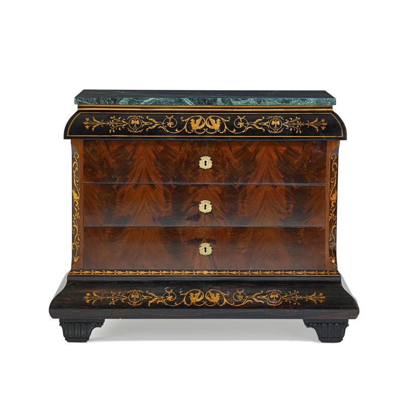 Appraisal: CHARLES X EBONIZED COMMODE Mahogany with rosewood marquetry above three