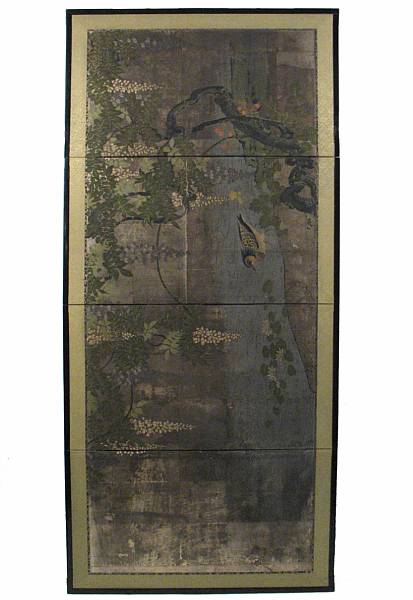 Appraisal: A Japanese four panel table screen Meiji Period framed some