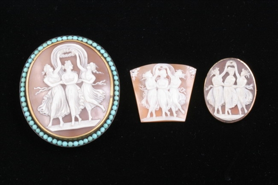 Appraisal: THREE CARVED SHELL CAMEOS mid- th century Each depicting The