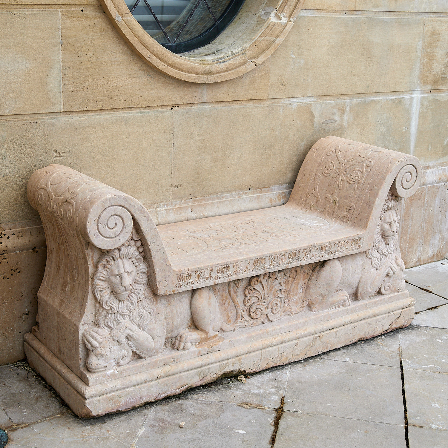 Appraisal: ITALIAN ROMANESQUE STYLE MARBLE BENCH late th c Italy weathered