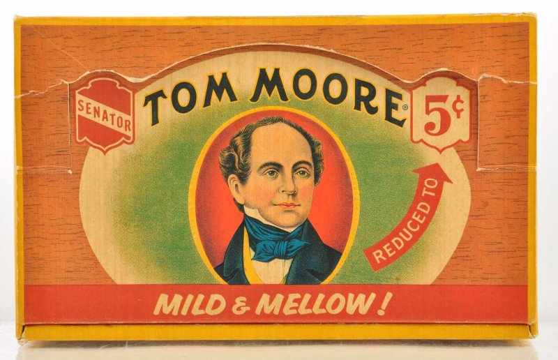 Appraisal: Tom Moore Cigar Box Description Colorful cardboard litho box with