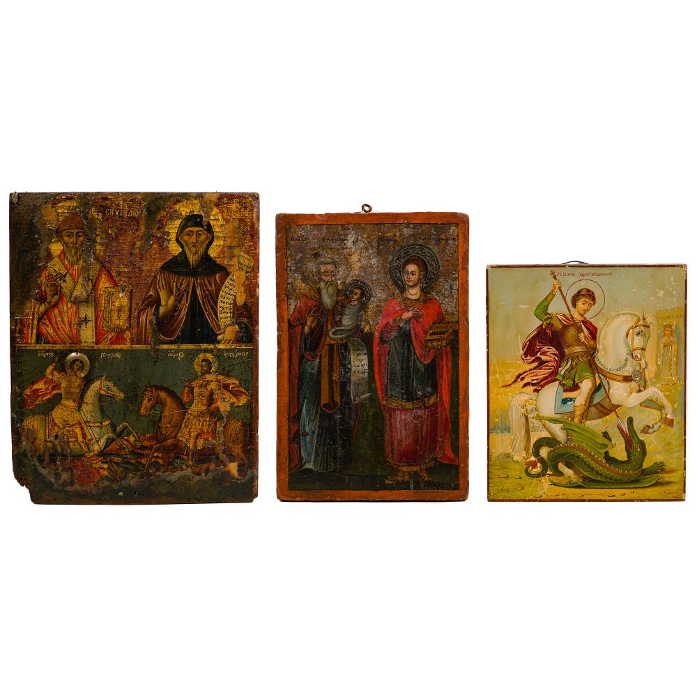 Appraisal: EASTERN ORTHODOX ICON ASSORTMENT items including St George female and