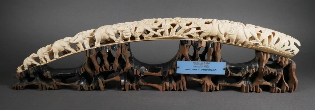 Appraisal: GENERAL WESTMORELAND IVORY CARVINGIvory elephant bridge carving originally presented to