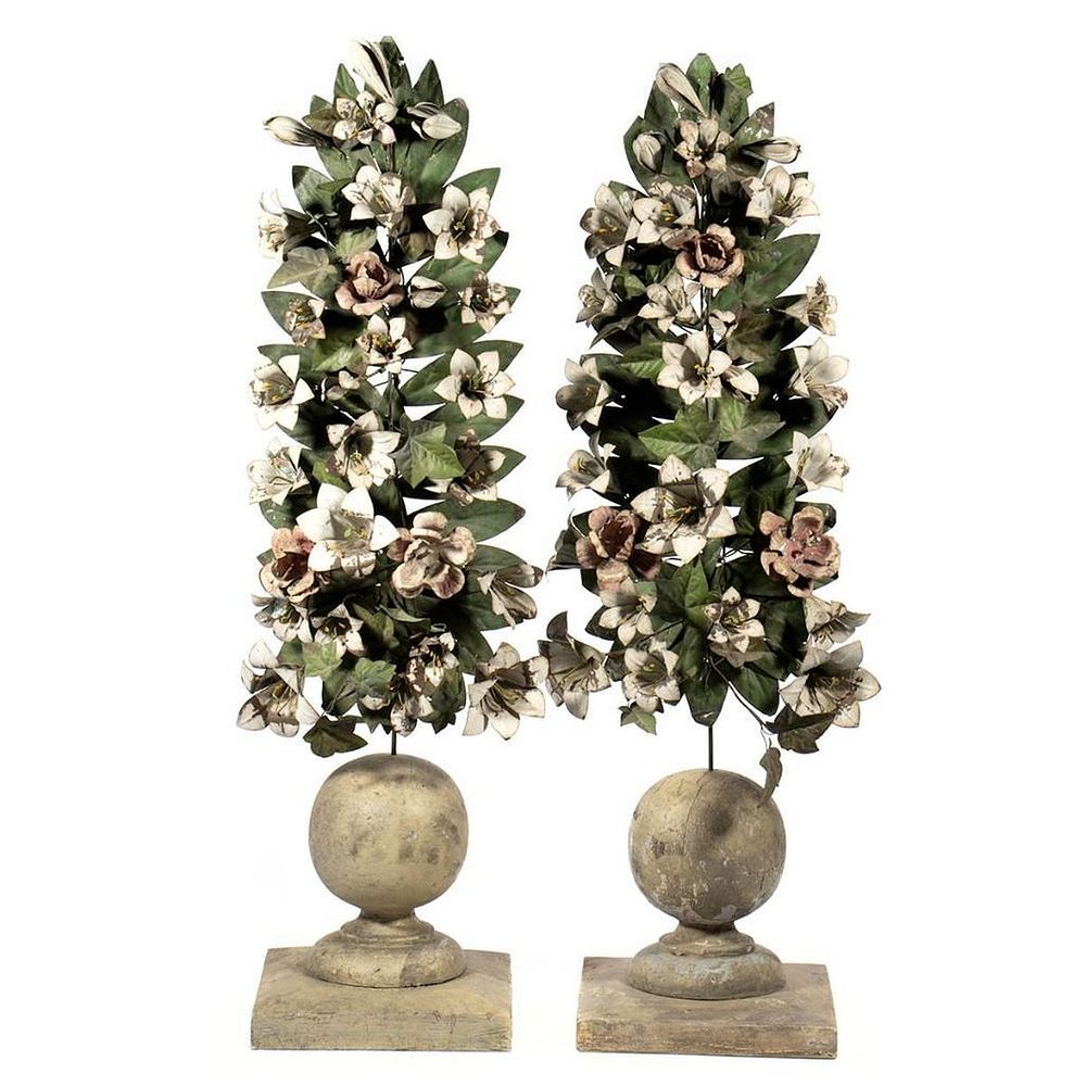 Appraisal: Pair of Italian Altar Finials Each issuing tole bouquets of