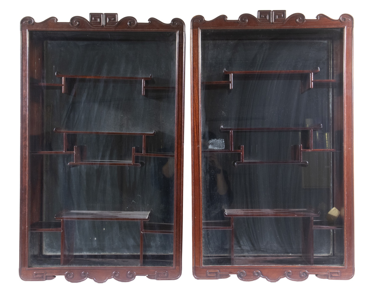 Appraisal: PR CARVED MAHOGANY WALL VITRINES Pair of Chinese Style Display