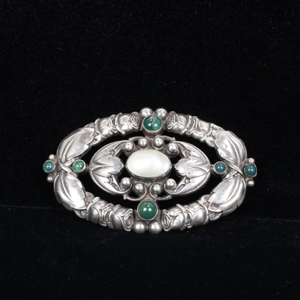 Appraisal: Rasmus Bjorn Halvordersen Denmark Silver Jeweled Pin Brooch with green