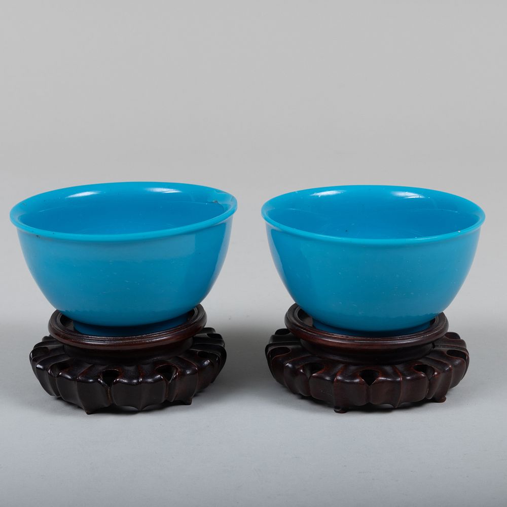 Appraisal: Pair of Chinese Blue Glass Bowls x in diam Property