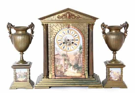 Appraisal: French brass and porcelain clock garniture circa architectural case with