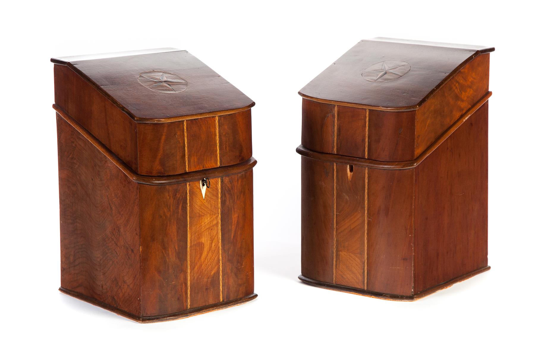 Appraisal: PAIR OF HEPPLEWHITE-STYLE KNIFE BOXES England ca mahogany String and