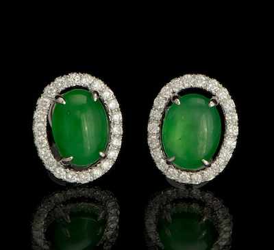 Appraisal: A Pair of Natural Green Jadeite and Diamond Earrings k