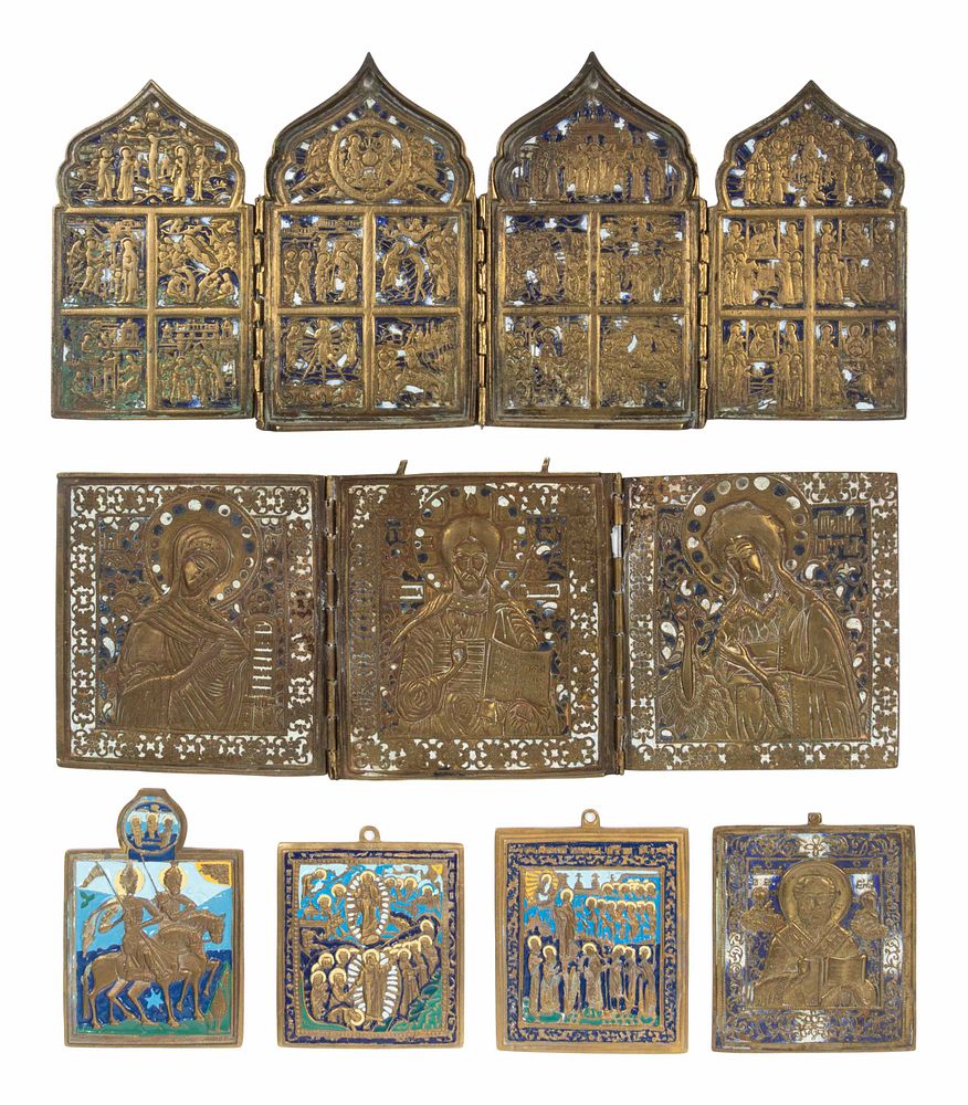 Appraisal: Six Russian Enamel Decorated Cast Bronze Icon Articles Six Russian