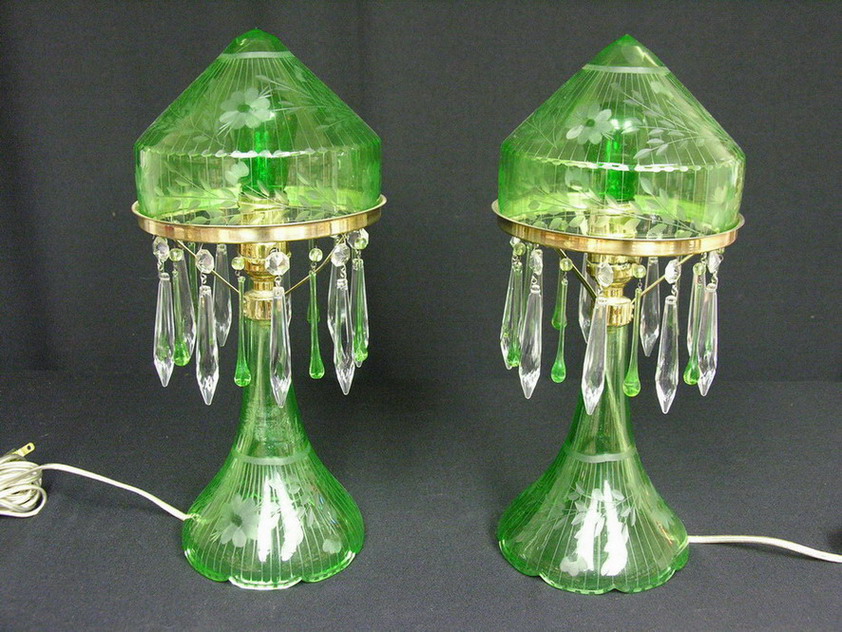 Appraisal: PAIR ETCHED GREEN GLASS BOUDOIR LAMPS flowers and leaved etching