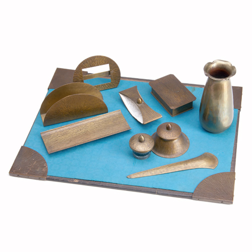 Appraisal: ROYCROFT Brass-washed hammered copper desk set in a woodgrain pattern