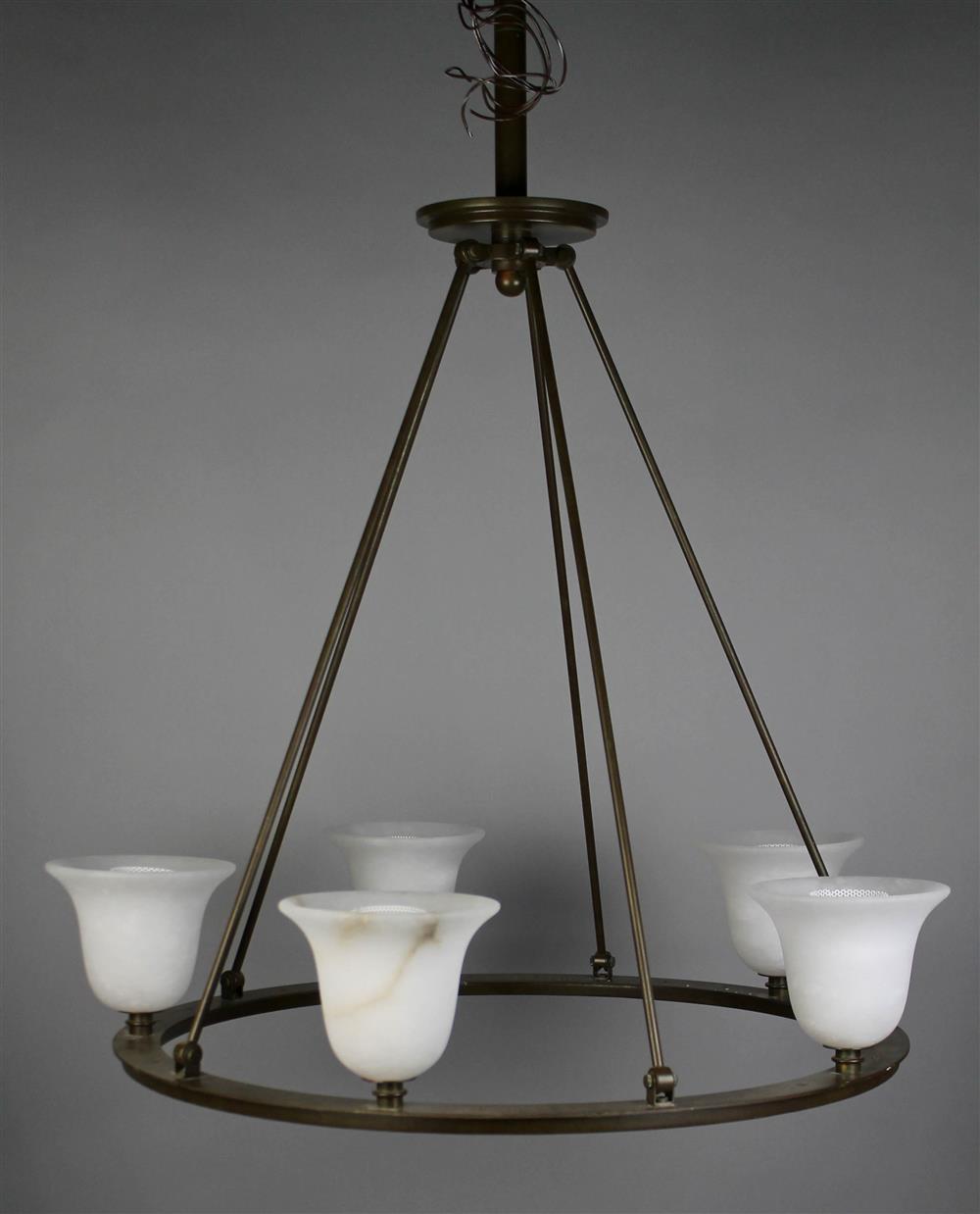 Appraisal: PATINATED METAL AND ALABASTER FIVE LIGHT CHANDELIER the circular frame