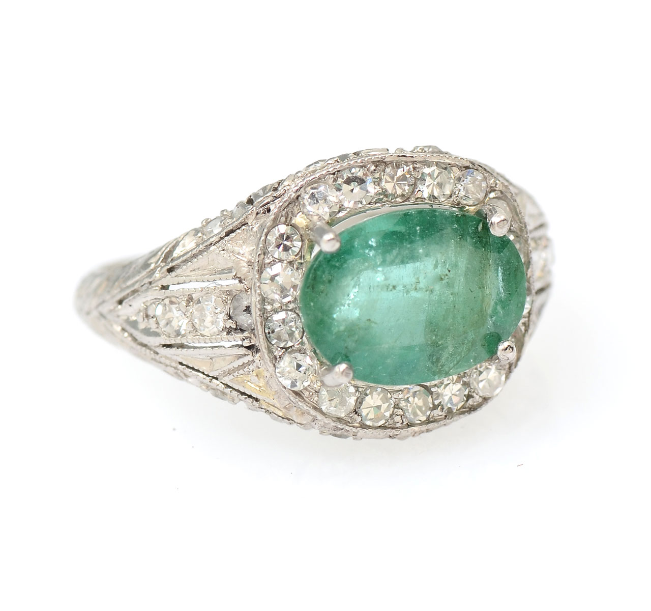 Appraisal: PLATINUM EMERALD DIAMOND BELLE EPOQUE RING CT natural oval emerald