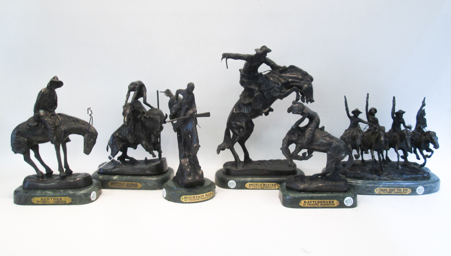 Appraisal: SIX CAST BRONZE SCULPTURES AFTER FREDERIC REMINGTON Rattlesnake Coming Thru