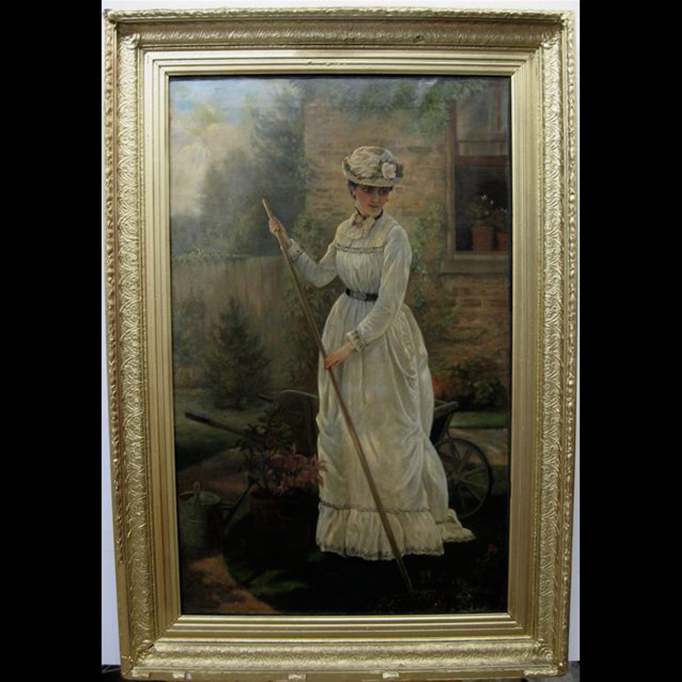 Appraisal: LADY IN GARDEN TH CENTURY AMERICAN OIL ON CANVAS Height