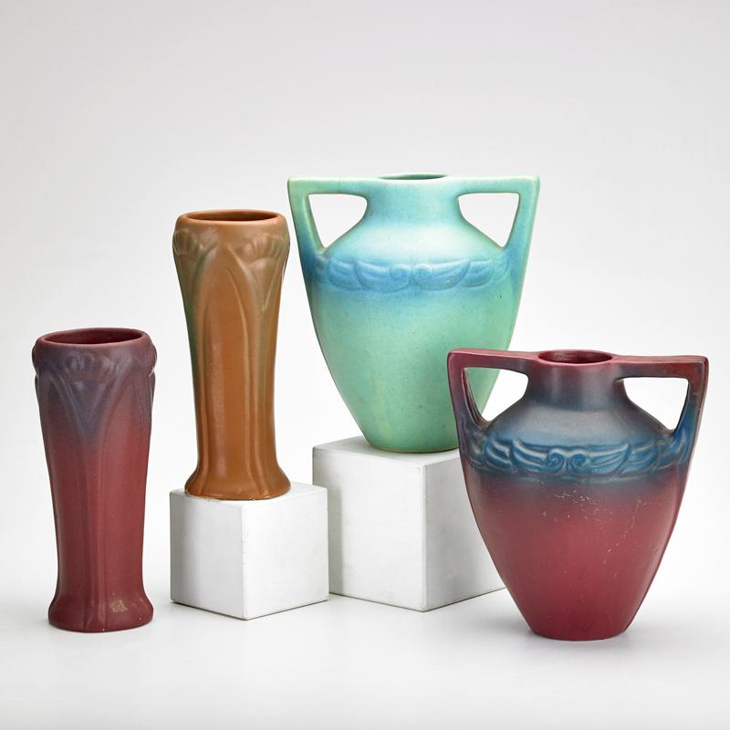 Appraisal: VAN BRIGGLE Four vases two with poppies leaves and two