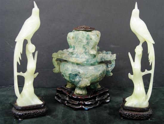 Appraisal: Chinese carved hardstone two part tripod censor archaic form drilled