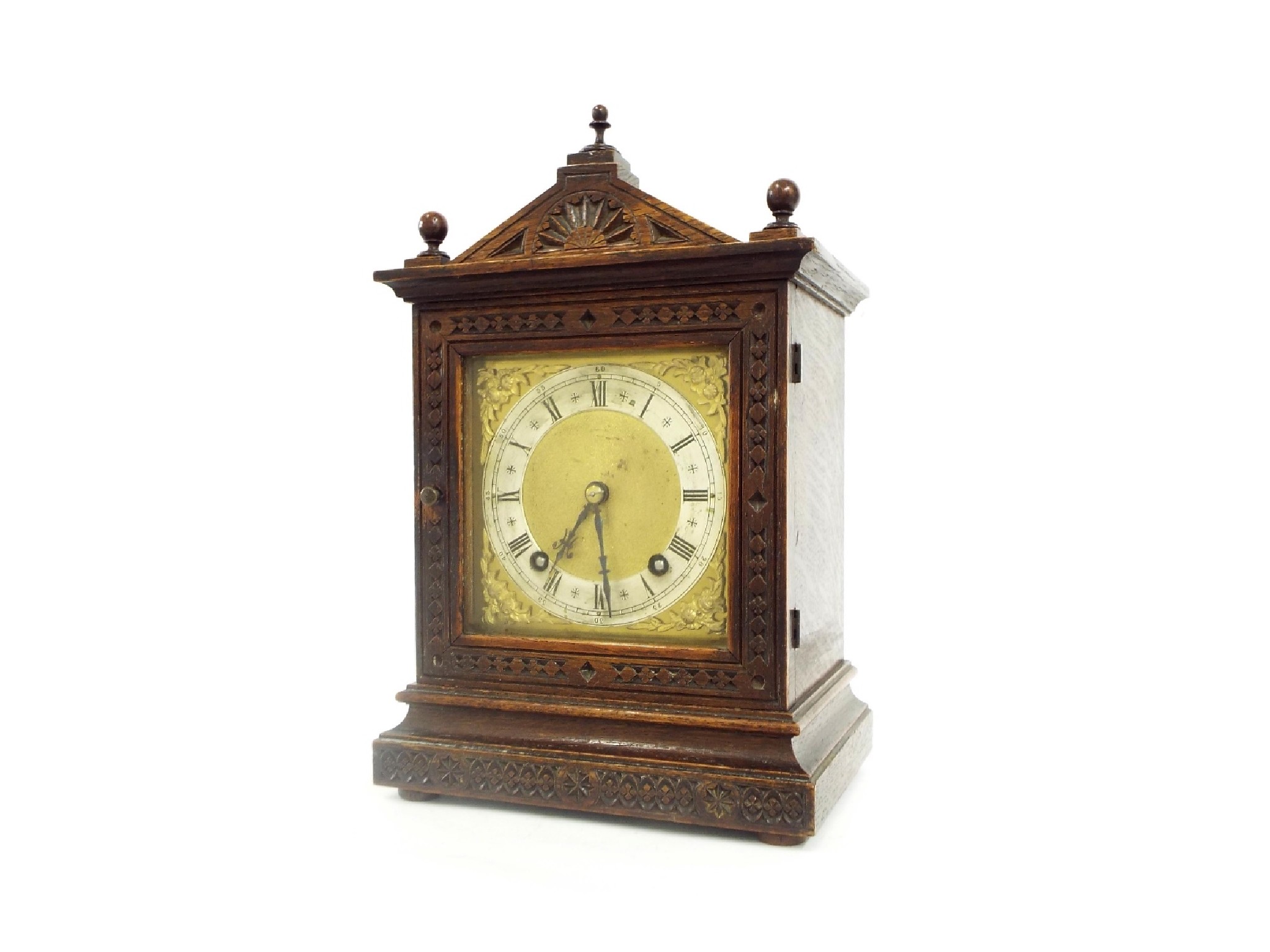 Appraisal: German oak two train mantel clock the W H movement