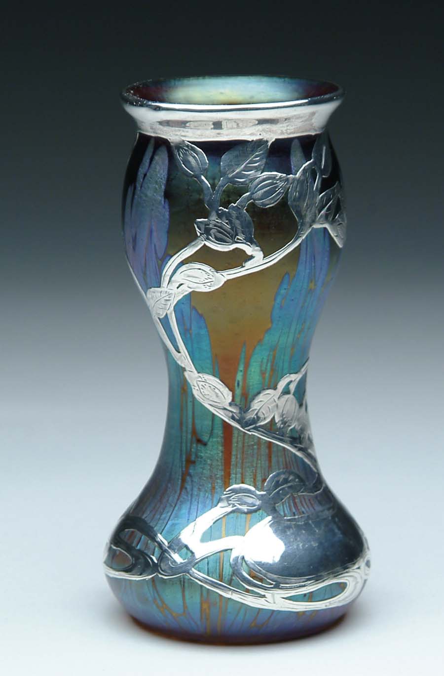 Appraisal: LOETZ SILVER OVERLAY VASE Beautiful Loetz vase has blue iridescent