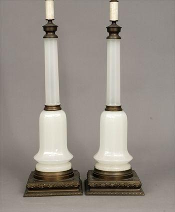 Appraisal: Pair of Continental Brass-Mounted Opaline Glass Table Lamps in