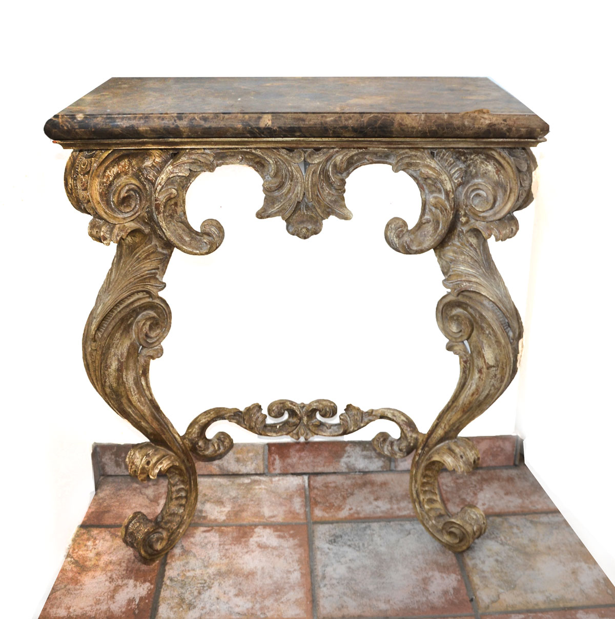 Appraisal: MARBLE TOP FOYER TABLE Brown beveled marble top foyer hall