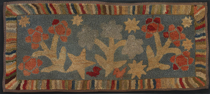 Appraisal: AMERICAN COLORFUL STYLIZED FLORAL AND BIRD HOOKED RUG WITH STRIPED