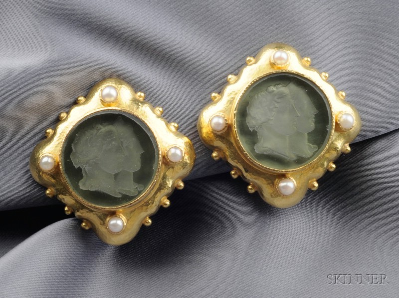 Appraisal: kt Gold and Glass Intaglio Earclips Elizabeth Locke depicting two