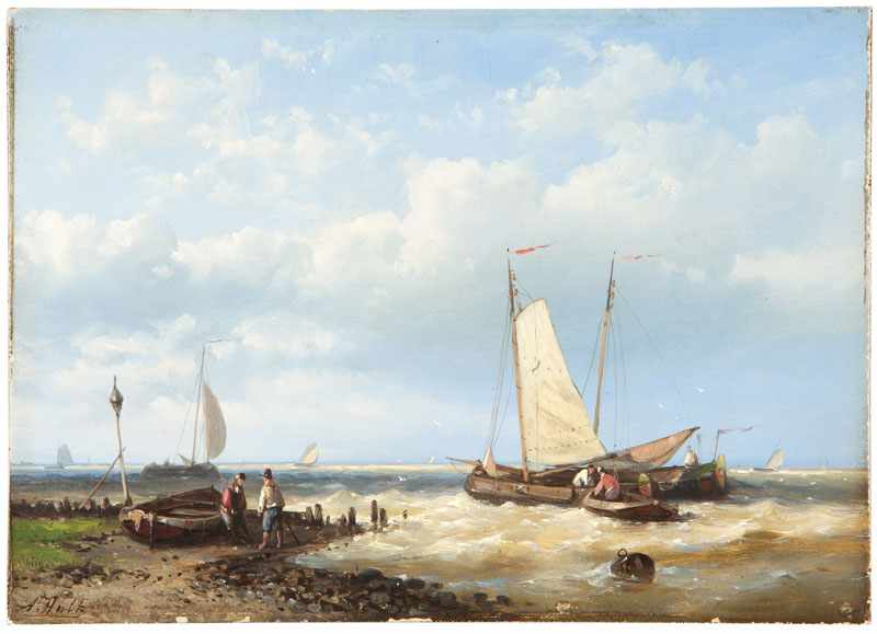 Appraisal: Figures on a Shore with Sailboats '' H x ''