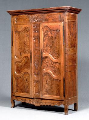 Appraisal: French Provincial burlwood armoire carved burlwood with removable molded cornice