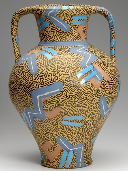 Appraisal: JOHN DONAHUE Large sculptural ceramic urn incised and painted with