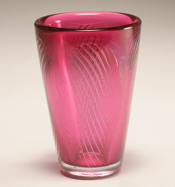 Appraisal: David Huchthausen pink ariel technique studio glass vase Signed H