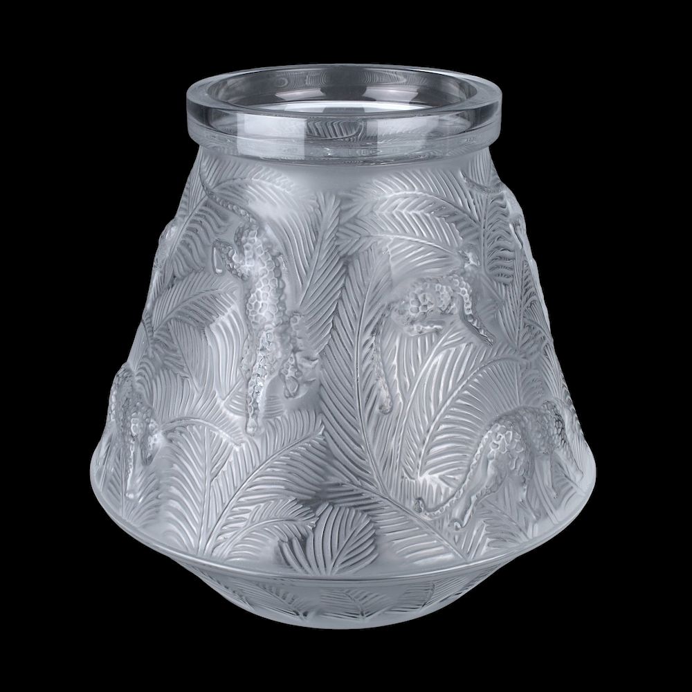 Appraisal: Lalique Crystal Jungle Jaguar Vase Lalique Crystal Jungle Jaguar Vase