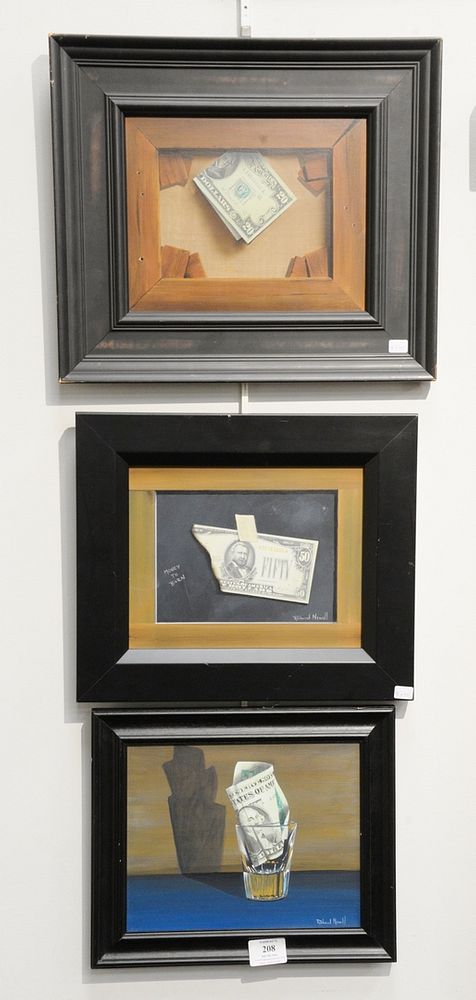 Appraisal: Three Richard Newill Trompe-l' il oil on masonite Burnt Money