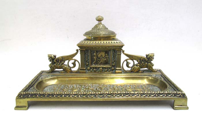 Appraisal: BRASS INKSTAND with inkwell and pen tray sphinx and Roman