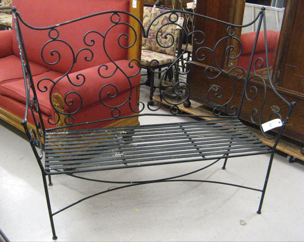 Appraisal: WROUGHT IRON GARDEN BENCH having an open scrollwork back and