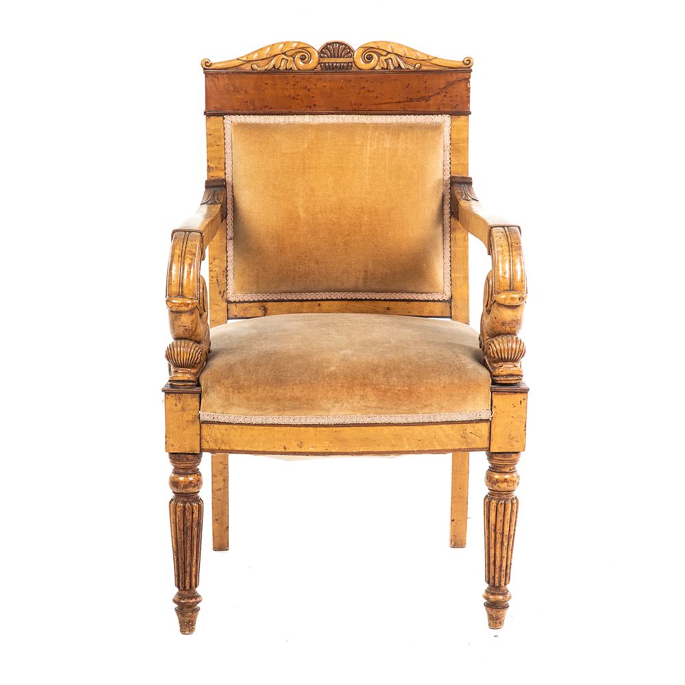 Appraisal: Continental Neoclassical Mixed Wood Arm Chair th Century with dolphin