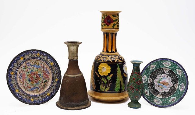 Appraisal: Two Persian enamel dishestwo hookah bases and a Persian vase