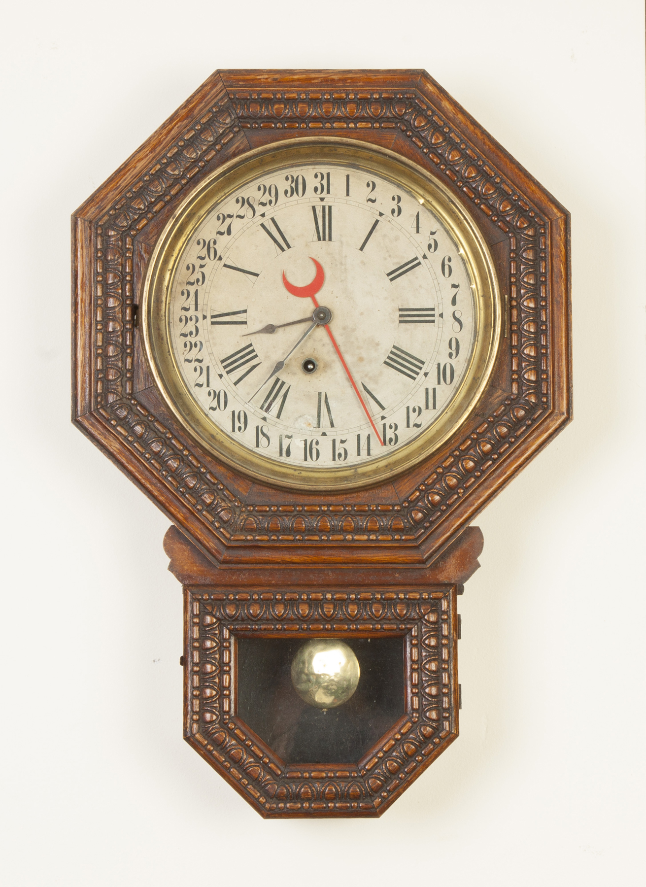 Appraisal: E Ingraham Embossed School House Calendar Clock Pressed oak case