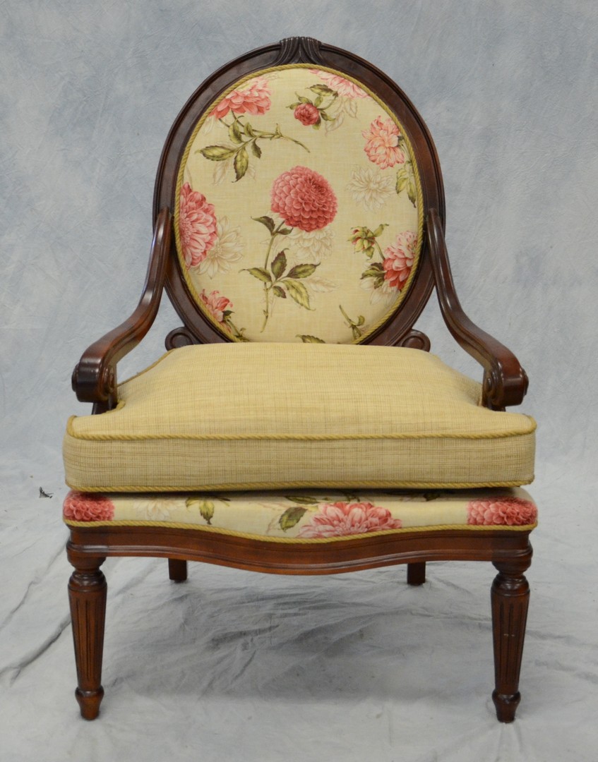 Appraisal: Italian framed casual chair with burlap and floral upholstery max